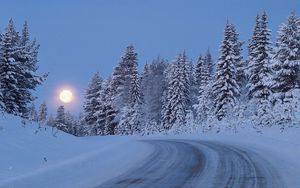 Preview wallpaper full moon, night, sky, road, lifting, snow, wood, trees