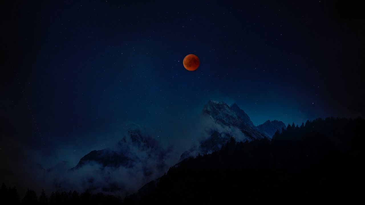 Wallpaper full moon, red moon, starry sky, mountains, night