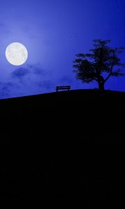 Preview wallpaper full moon, starry sky, bench