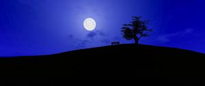 Preview wallpaper full moon, starry sky, bench