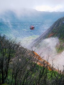 Preview wallpaper funicular, cabin, cable car, hills, mountains, fog