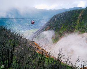 Preview wallpaper funicular, cabin, cable car, hills, mountains, fog