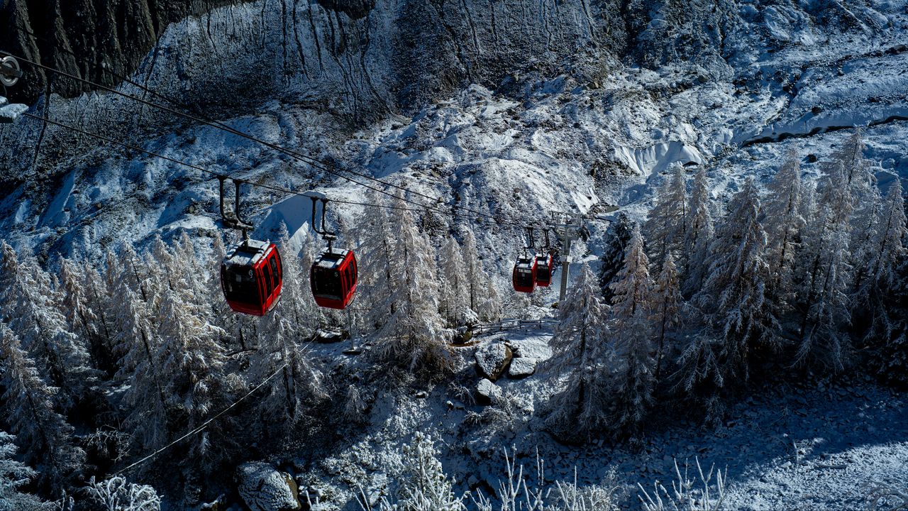 Wallpaper funicular, cabins, rise, trees, snow, winter
