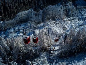 Preview wallpaper funicular, cabins, rise, trees, snow, winter