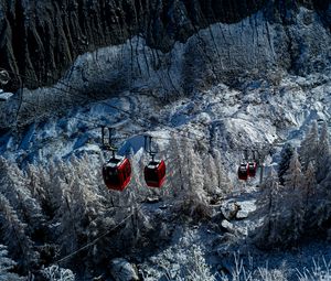 Preview wallpaper funicular, cabins, rise, trees, snow, winter