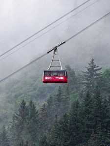 Preview wallpaper funicular, trees, forest, fog