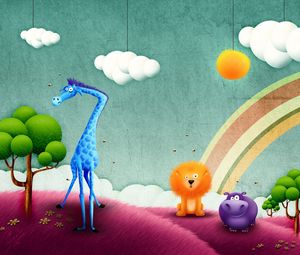 Preview wallpaper funny, animals, drawing, rainbow