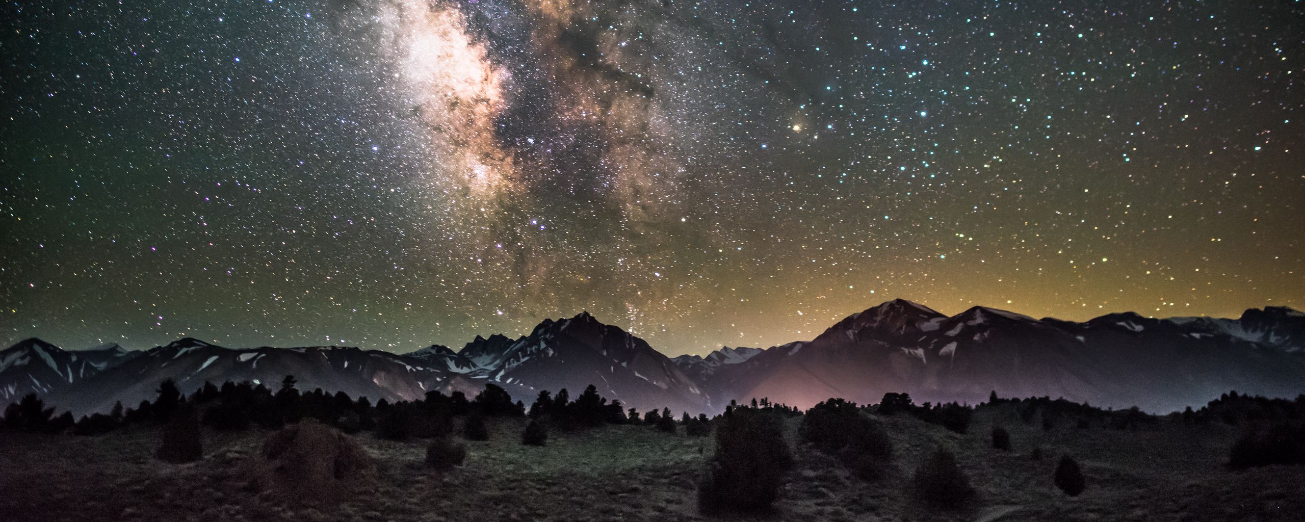 Download wallpaper 2560x1024 galaxy, night, starry sky, mountains ...