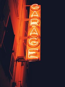 Preview wallpaper garage, sign, neon, text, light