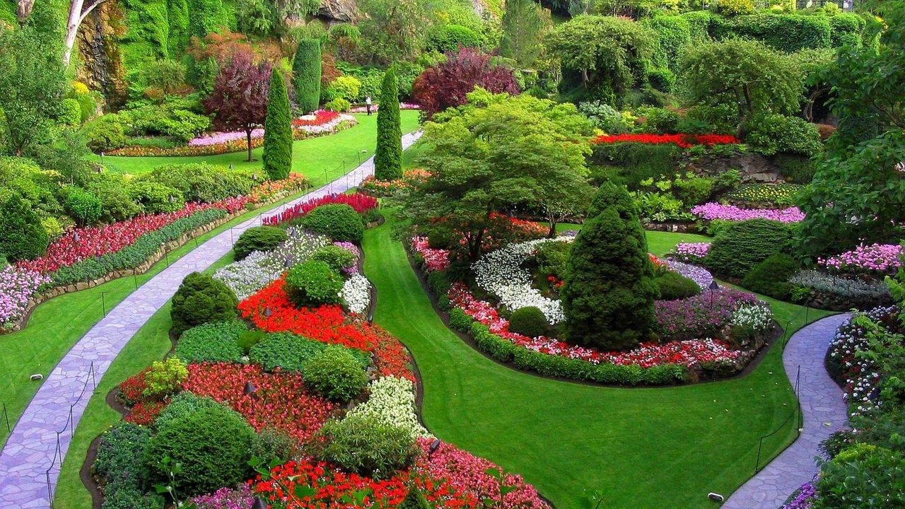 Wallpaper garden, footpaths, flowers, trees, grass, lawn, well-groomed