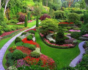 Preview wallpaper garden, footpaths, flowers, trees, grass, lawn, well-groomed