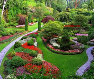 Preview wallpaper garden, footpaths, flowers, trees, grass, lawn, well-groomed