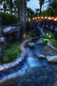 Preview wallpaper garden, night, bridge, light, lamps, stream