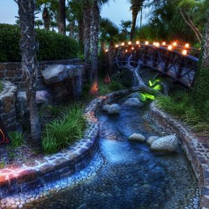 Preview wallpaper garden, night, bridge, light, lamps, stream