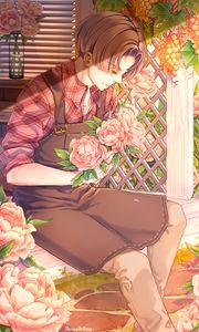 Preview wallpaper gardener, anime, guy, flowers
