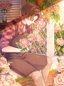 Preview wallpaper gardener, anime, guy, flowers