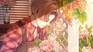 Preview wallpaper gardener, anime, guy, flowers