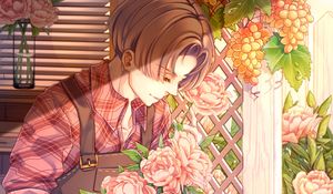 Preview wallpaper gardener, anime, guy, flowers