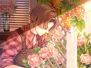 Preview wallpaper gardener, anime, guy, flowers