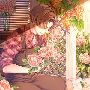 Preview wallpaper gardener, anime, guy, flowers