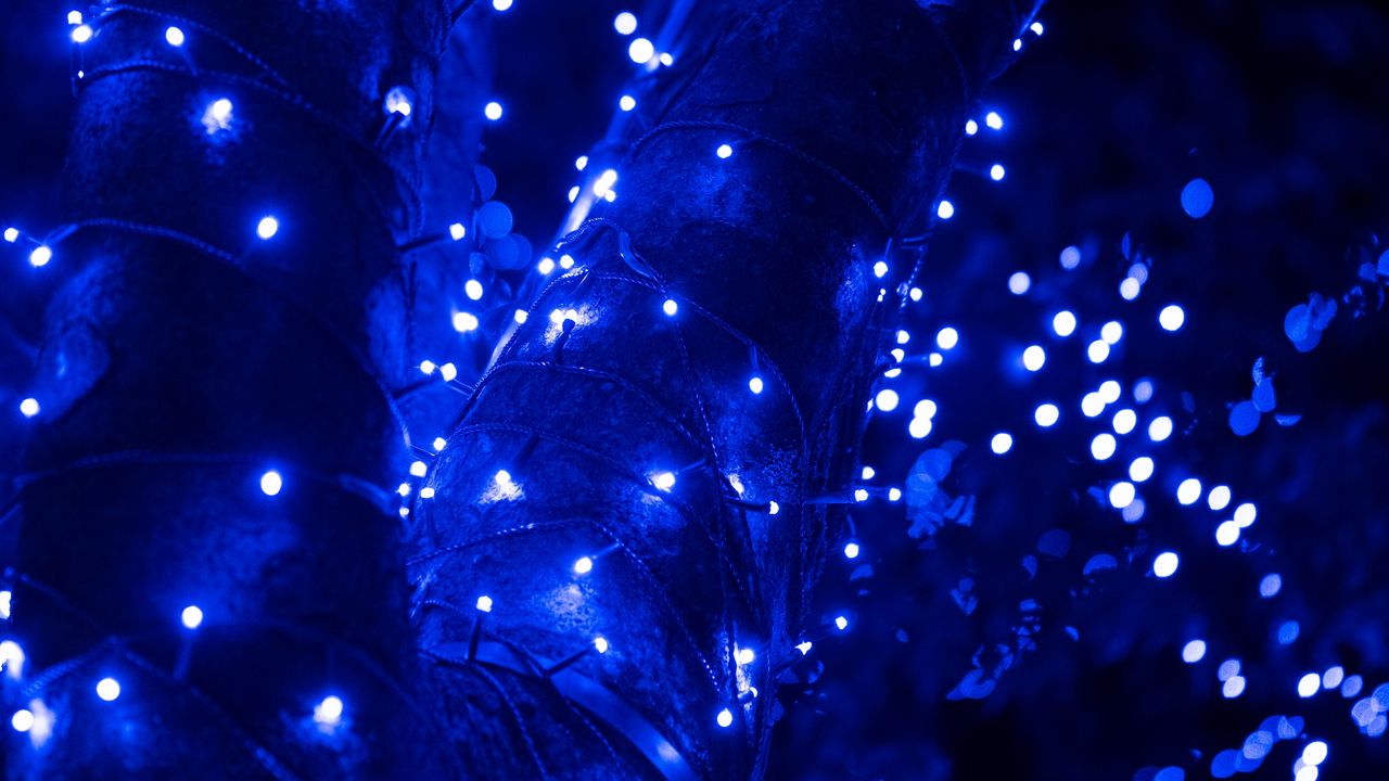 Wallpaper garland, glare, bokeh, blue, shine