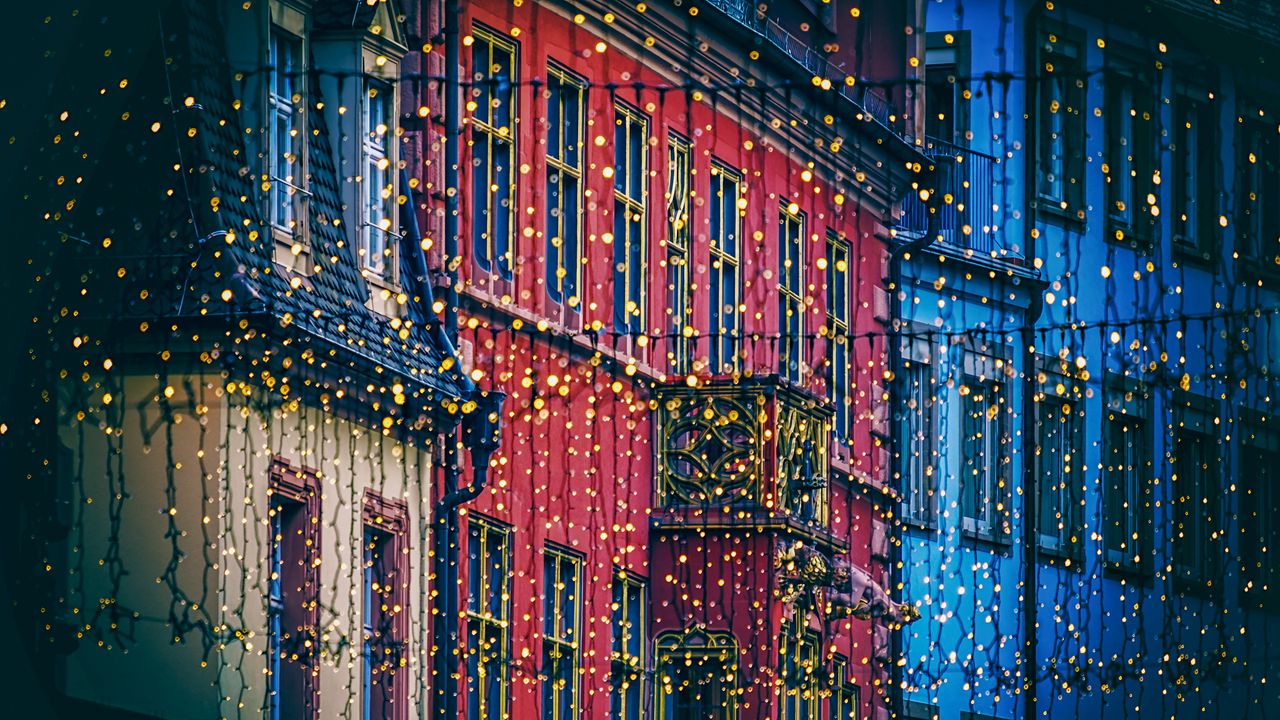 Wallpaper garland, houses, decoration, festive, city, christmas, new year