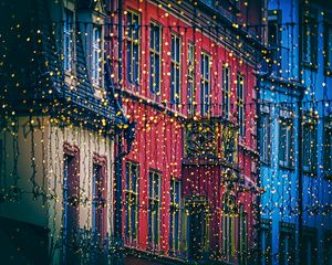 Preview wallpaper garland, houses, decoration, festive, city, christmas, new year