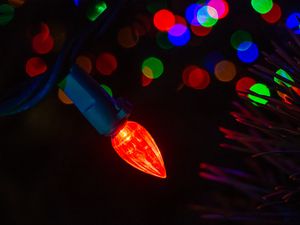 Preview wallpaper garland, light bulb, light, bokeh, colorful, dark