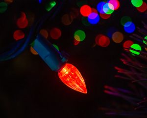 Preview wallpaper garland, light bulb, light, bokeh, colorful, dark