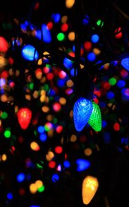 Preview wallpaper garland, light bulbs, colorful, dark, glow