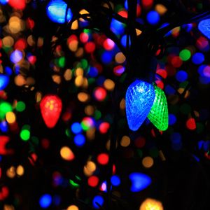 Preview wallpaper garland, light bulbs, colorful, dark, glow