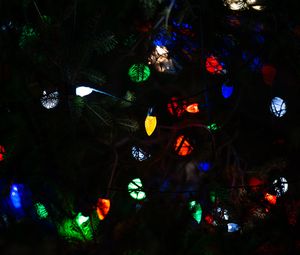 Preview wallpaper garland, light bulbs, lights, christmas tree, new year, christmas, dark