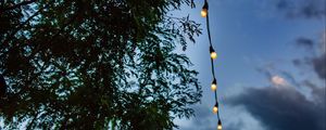 Preview wallpaper garland, light bulbs, wire, electric, branches, sky