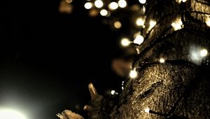 Preview wallpaper garland, lights, tree, bark, dark