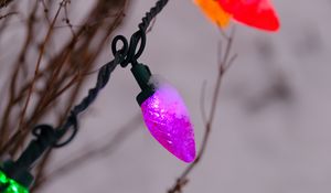 Preview wallpaper garland, snow, branches, blur, macro, purple