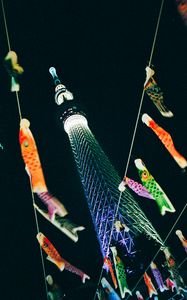 Preview wallpaper garland, tower, backlight, colorful, dark