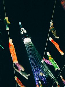 Preview wallpaper garland, tower, backlight, colorful, dark