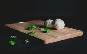 Preview wallpaper garlic, basil, cutting board, vegetables