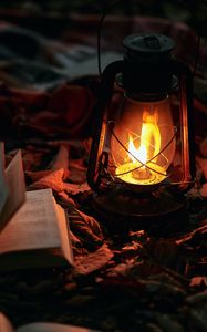 Preview wallpaper gas lamp, books, fire, light, lighting