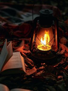 Preview wallpaper gas lamp, books, fire, light, lighting