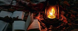 Preview wallpaper gas lamp, books, fire, light, lighting