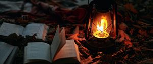 Preview wallpaper gas lamp, books, fire, light, lighting