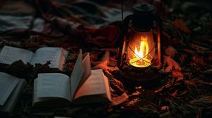 Preview wallpaper gas lamp, books, fire, light, lighting