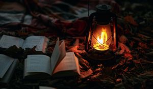 Preview wallpaper gas lamp, books, fire, light, lighting