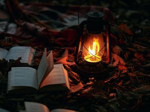 Preview wallpaper gas lamp, books, fire, light, lighting