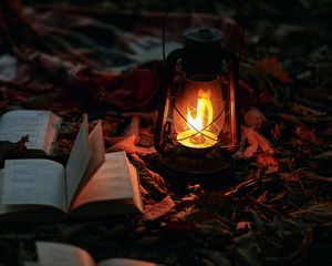 Preview wallpaper gas lamp, books, fire, light, lighting