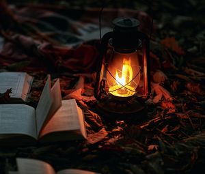 Preview wallpaper gas lamp, books, fire, light, lighting