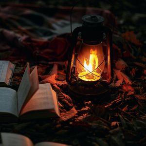 Preview wallpaper gas lamp, books, fire, light, lighting