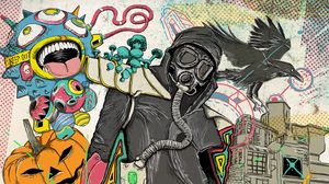 Preview wallpaper gas mask, man, art, crow, lotus, fish, dreams, fantasy