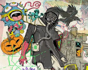 Preview wallpaper gas mask, man, art, crow, lotus, fish, dreams, fantasy